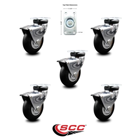 Service Caster 3 Inch Bright Chrome Hooded Neoprene Rubber Top Plate Casters with Brake, 5PK SCC-03S310-NPRB-BC-B-5